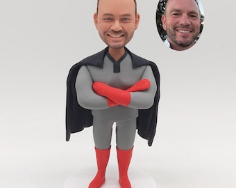 Superhero Bobblehead, Custom Figurine from Photo, Grey Costume with Black Cape