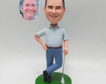 Golf Bobblehead, Custom Golfer Figurine from Photo, Light Blue Polo & Blue Pants