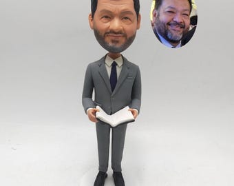 Custom Bobblehead from Photo, Formal Man Figurine with Book, Grey Suit