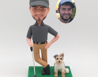 Golf Bobblehead with Dog, Custom Figurine from Photo, Dark Polo Shirt