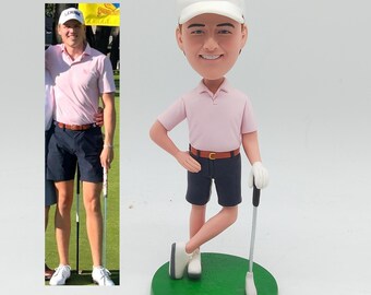 Golf Bobblehead, Custom Golfer Figurine from Photo, Pink Polo & White Cap