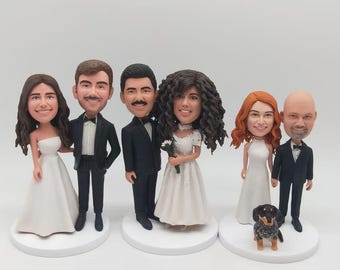 Custom Wedding Cake Topper Couple Bobblehead Bride and Groom with Dog Keepsake Display Decor