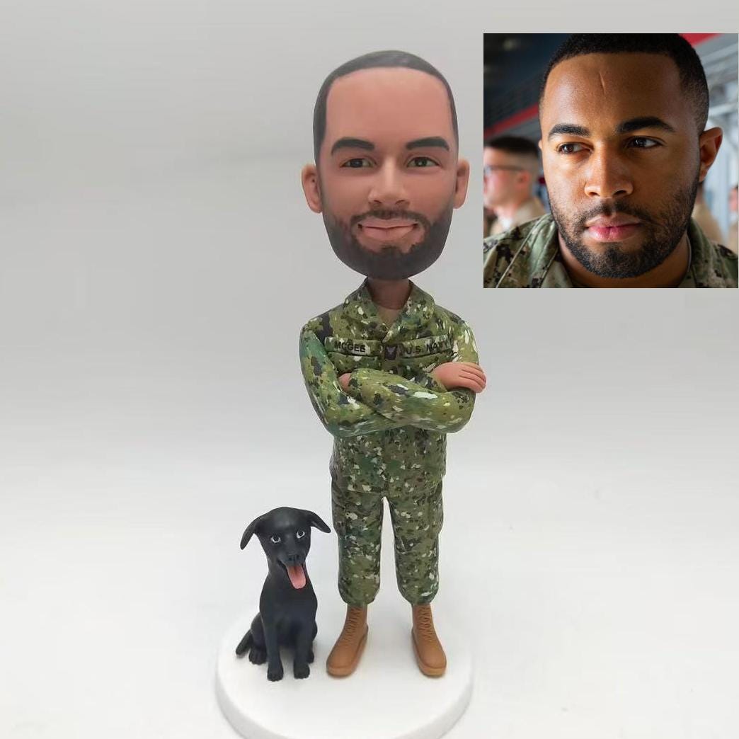 Custom Navy Officer Bobblehead With Dog Personalized Military Gift Unique Veteran Appreciation Statue Graduation Gift Idea