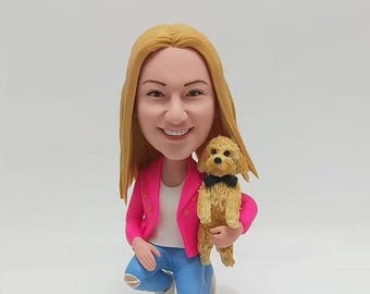 犬を連れた女性用ボブルヘッド、犬好き・猫好きのためのカスタムペットフィギュア
