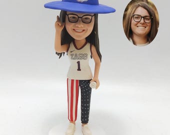 Sports Fan Bobblehead, Custom Female Figurine from Photo, Blue Brim Hat
