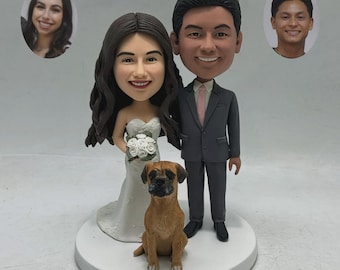 Wedding Cake Topper, Pink Tie Groom Bobblehead with Dog, Custom Figurine from Photo