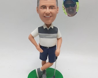 Golf Bobblehead, Custom Golfer Figurine from Photo, Striped Polo & Blue Shorts
