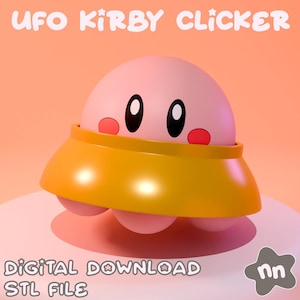 Pode incluir: Um personagem de desenho animado rosa com grandes olhos pretos e bochechas vermelhas está envolto em um objeto amarelo em forma de OVNI. O texto "UFO KIRBY CLICKER" está no topo e "DIGITAL DOWNLOAD STL FILE" na parte inferior.