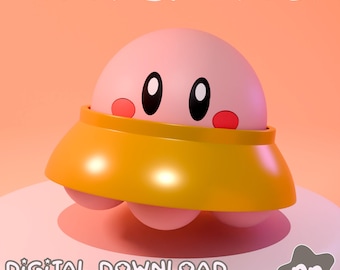 May include: A pink cartoon character with large black eyes and red cheeks is encased in a yellow UFO-shaped object. The text "UFO KIRBY CLICKER" is at the top, and "DIGITAL DOWNLOAD STL FILE" is at the bottom.