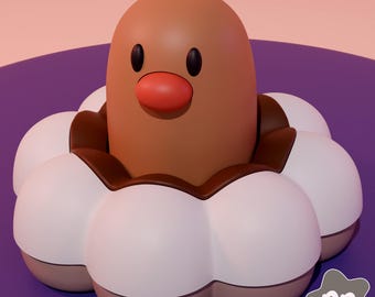 Könnte beinhalten: Ein 3D-gerendertes Bild eines braunen Diglett-Charakters mit roter Nase und schwarzen Augen, umgeben von einer weiß-braunen Donut-förmigen Basis. Der Text "DONUT DIGLETT CLICKER" steht oben. Der Text unten lautet "*Not a physical product. This is a Digital STL file."