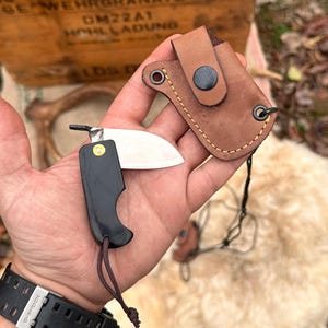Mini Folding Ram Horn Handle Neck Knife with Leather Sheath, Groomsman Gift