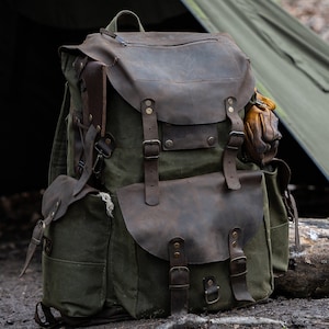 Bushcraft Backpack,Personalized Leather&Canvas Backpack,Waterproof Canvas Rucksack,Bushcraft,Handmade Backpack,Christmas Gift,Father's Day