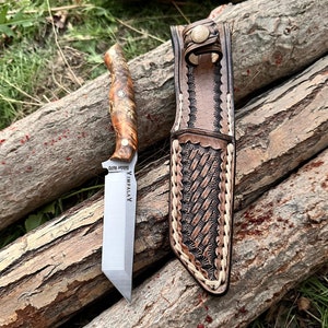 Handmade N690 Steel Tanto Knife: Stabilized Maple Handle, Leather Sheath