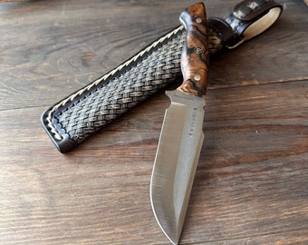 Hunting Knife, Bushcraft Knife, Camping Knife, Handmade Knife with Leather Sheath, Walnut Wood Handle Bohler N690 Knife