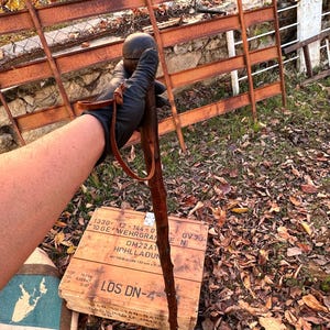 Può includere: Un bastone da passeggio in legno marrone scuro con una parte superiore arrotondata e un cinturino in pelle. Il bastone è tenuto da una mano guantata. Una cassa di legno con testo è sullo sfondo.