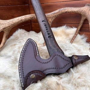 Forged tomahawk axe with leather sheath