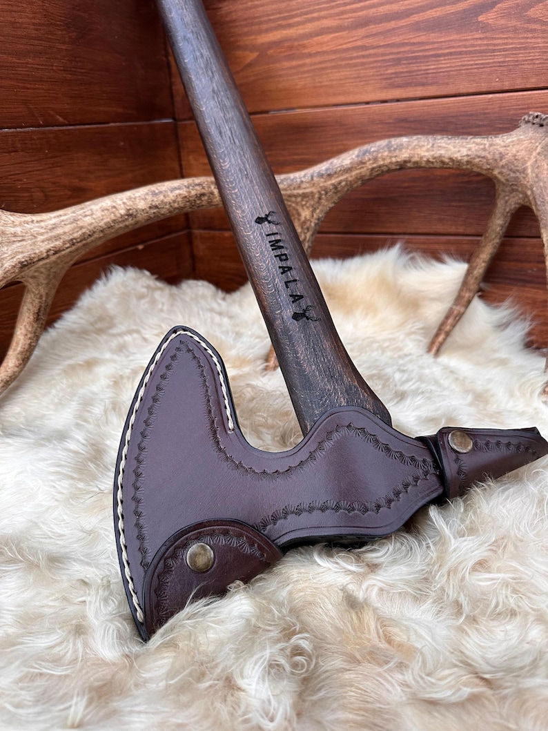 Forged tomahawk axe with leather sheath