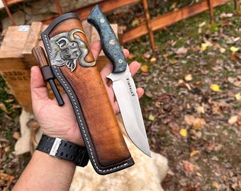 Bushcraft Knife with Custom Handmade Leather Sheath, Survival Knife, Camping Gifts
