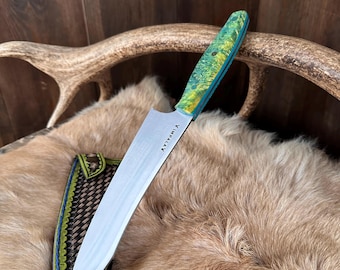 Handmade Santoku Chef Knife: Japanese Style, Maple Wood Handle, Leather Sheath