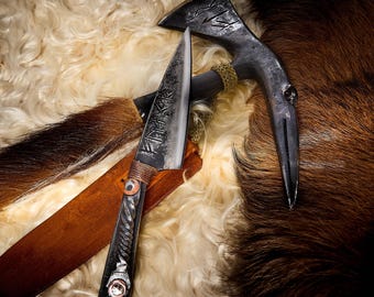 Handforged Raven Walking Stick with Axe: Bushcraft Cane