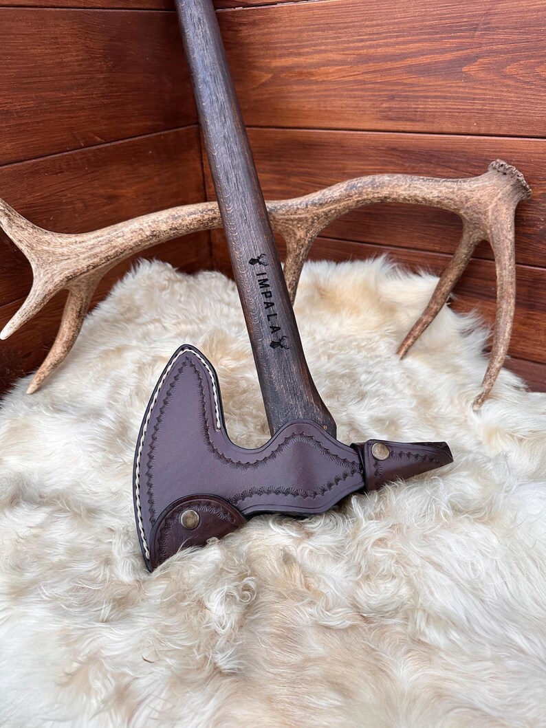 Forged Native American battle axe with custom leather sheath