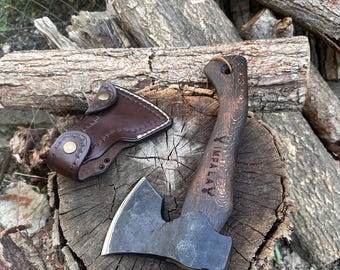 Hand Forged Forest Axe, High Carbon Steel, Beech Wood Handle, Leather Sheath