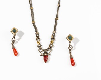 Vintage Roxanne Assoulin Gold, Bronze, and stones necklace with matching earrings. Dark metal, carnelian, jade, and seed pearls. Signed