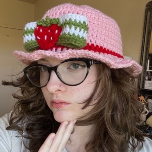 Strawberry shortcake inspired bucket hat| hand, crocheted, strawberry shortcake, sun hat can be customized cute summer hat