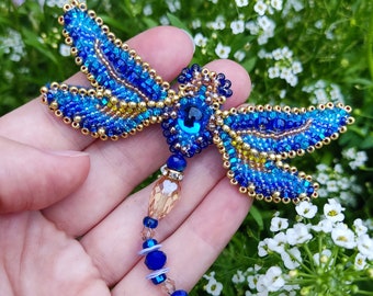 Blue Dragonfly Pin Beaded Brooch Insect Brooch Ukrainian Costume Jewelry