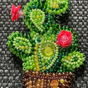 Cactus Brooch Green Beaded Brooch Plant Pin Handmade Costume Jewelry