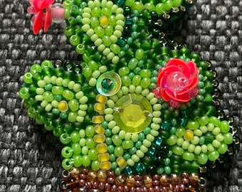 Cute Green Cactus Brooch Beaded Brooch Ukrainian Costume Jewelry Handmade