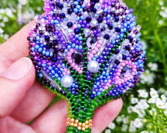 Lavender Beaded Brooch Purple Flower Pin Ukrainian Costume Jewelry