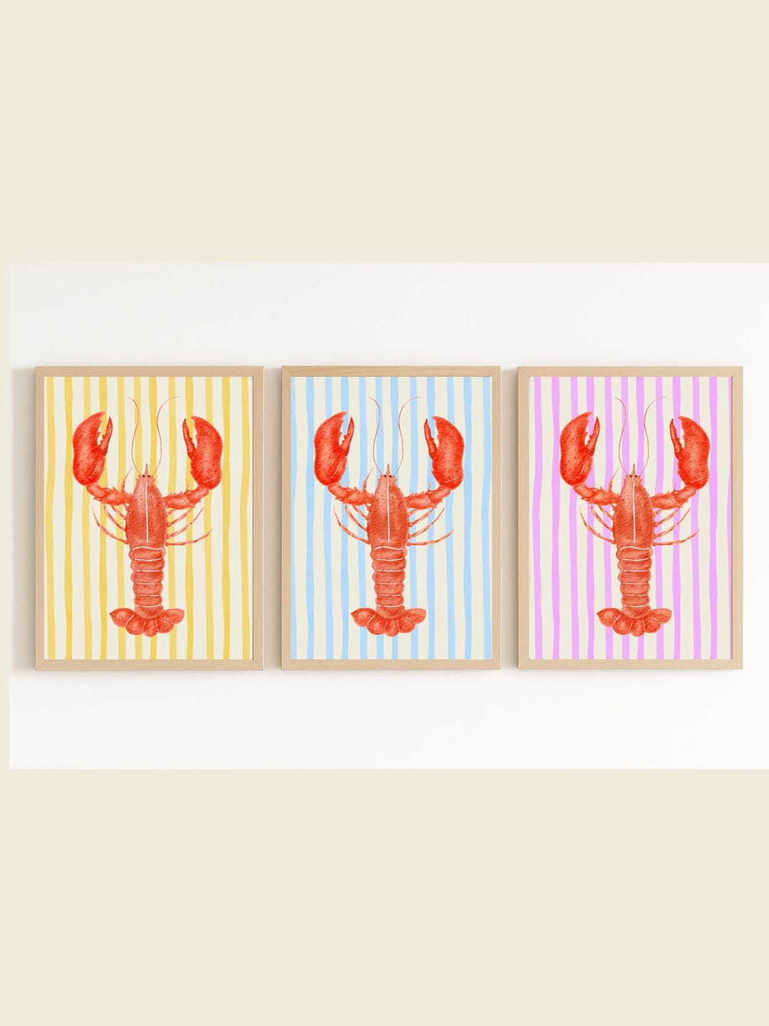 Lobster Wall Art Set of 3 | Pink, Blue & Yellow Coastal Prints ...