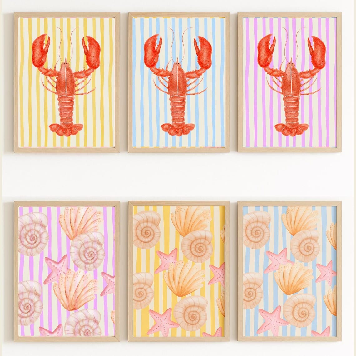 Coastal Wall Art Bundle | Lobster Seashell Print Set of 6 | Pink, Blue ...