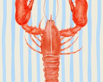 Blue Lobster Printable Wall Art | Nautical Coastal Decor | Preppy Summer Striped Art | Beach House Digital Download | Instant Wall Print