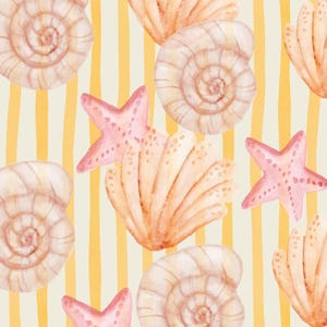 Impressão de arte de conchas do oceano – Decoração de parede de praia com listras amarelas | Verão italiano Baixar