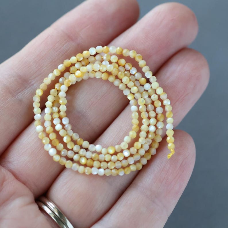 2mm Natural Yellow Mother of Pearl Beads Micro Faceted MOP Genuine Yellow Shell Beads 15" Gemstone Jewelry Making Gift for crafter 画像 4