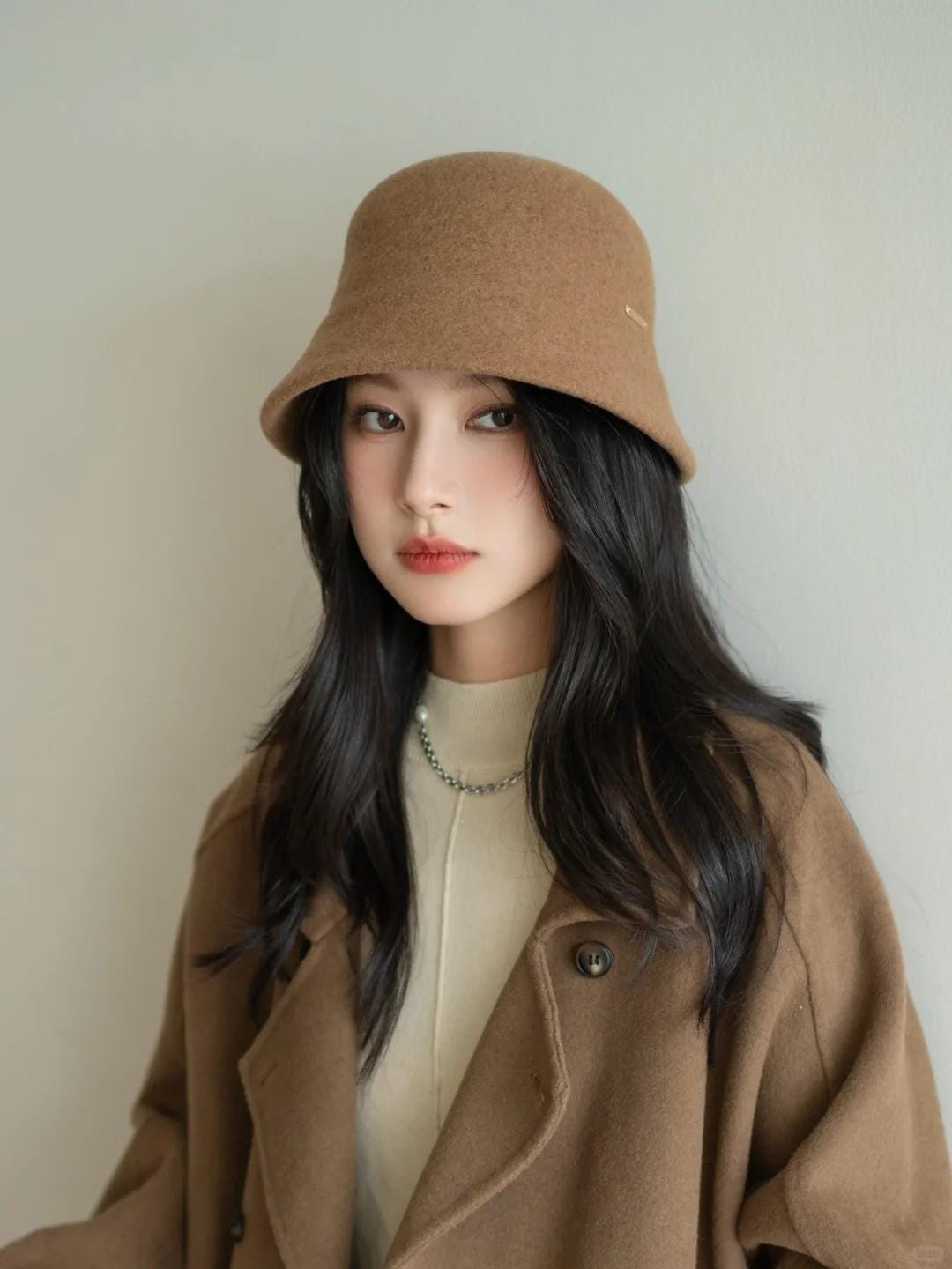 Vintage Brown Wool Bucket fall Winter Minimal Cloche Hat Minimalist Wool Felt Hat, Vintage Winter Bucket Hat for  main image 3