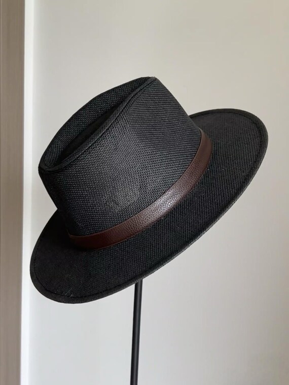 Black Wide Brim Fedora Hat: Wool-blend, Brown Leather Band  display picture 1