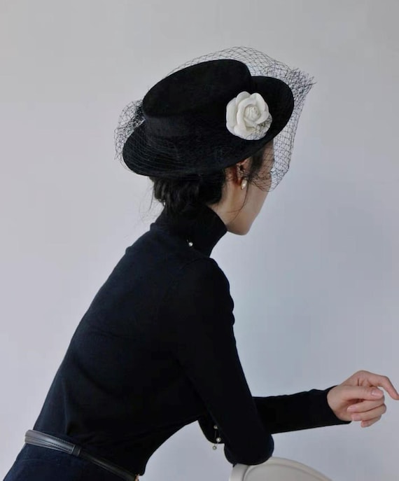 French Fedora Hats Velvet Mesh Camellia Bride Top Cap Retro Dinner