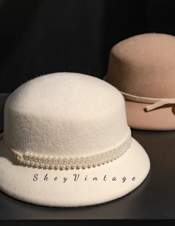 Vintage Wool Cloche Hat With Pearl Trim, Elegant Winter Felt  display picture 3