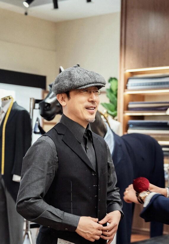 Black Herringbone Wool Cap, Peaky Blinders Hat, Baker Boy Hat