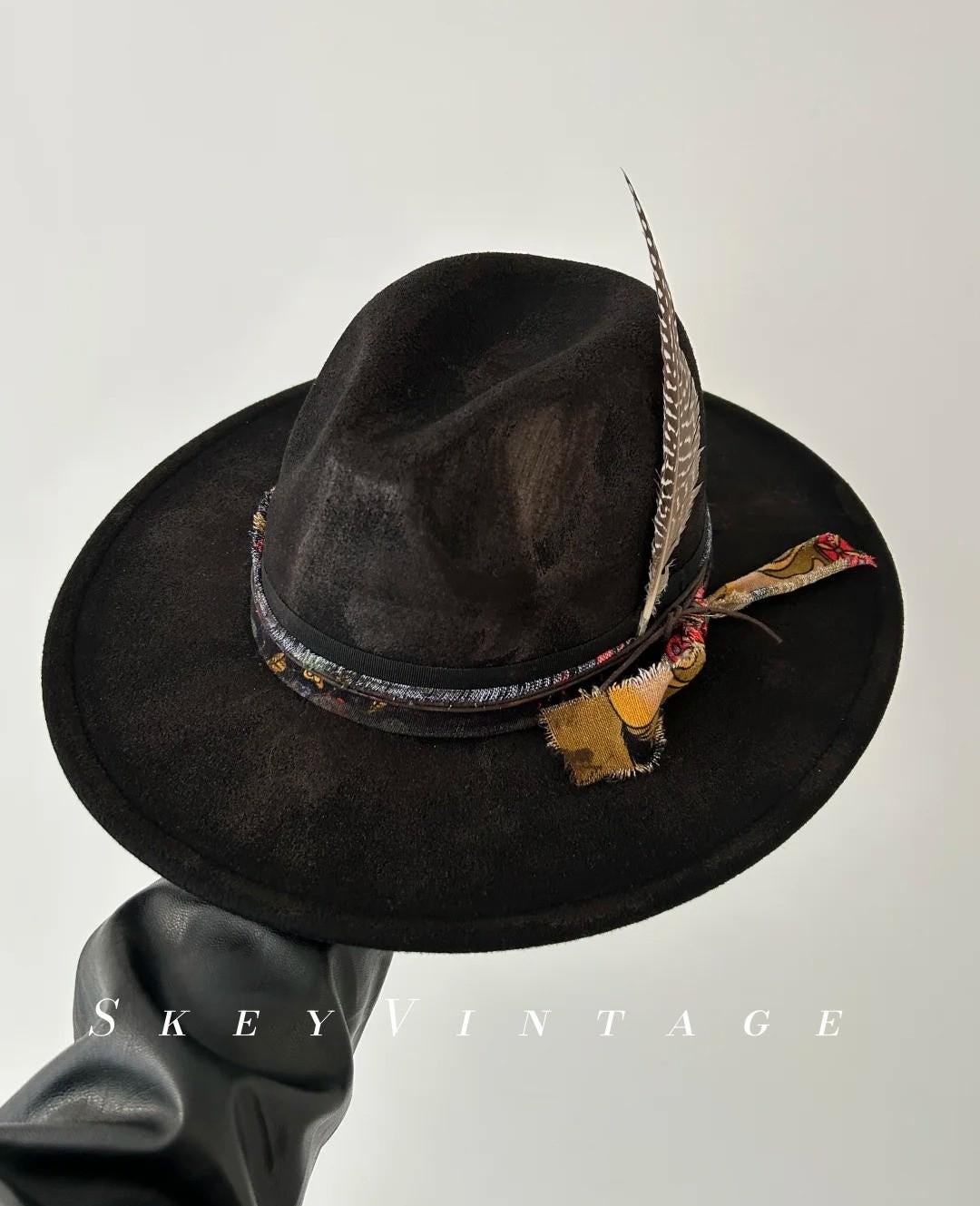 Vintage Western Wool Fedora Hat With Feather, Boho Cowboy  display picture 1