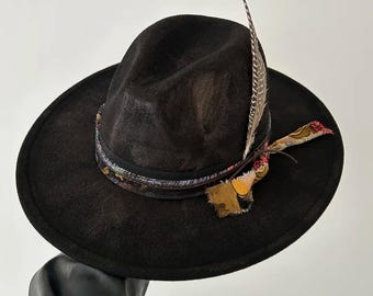 chapeau fedora vintage en laine occidentale avec plume, chapeau à bord large de style cow-boy bohème pour hommes et femmes, chapeau hippie festival rétro