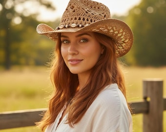 Handmade Straw Cowboy Hat: Boho Western Wide Brim Sun Hat