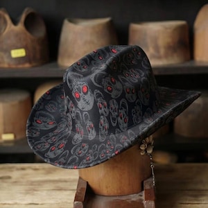Skull Pattern Cowboy Hat Gothic Western Punk Fedora, Edgy Festival Hat for Concert Photoshoot, Unique Gift for Him Her Alternative Style