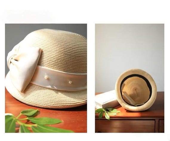 Cream Cloche Straw Hat With Pearl Bow - Vintage Style Summer  display picture 1