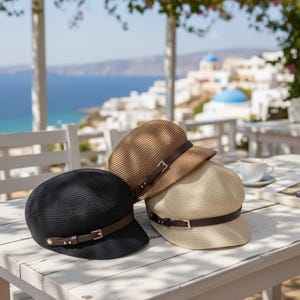 Woven Straw Newsboy Cap for Women - Summer Breathable Mesh Painter Hat with Adjustable Band - Lightweight Octagonal Beret Style for Travel