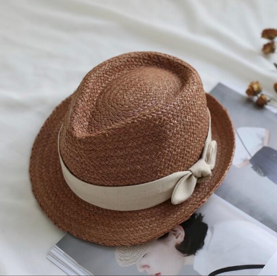 Handwoven Straw Fedora Hat – Natural Summer Hat With Linen  display picture 3