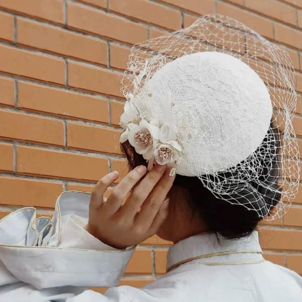 Sombrero de novia de malla estilo francés / Gorro de novia para fiestas / Boina de fieltro para otoño e invierno / Regalo para ella